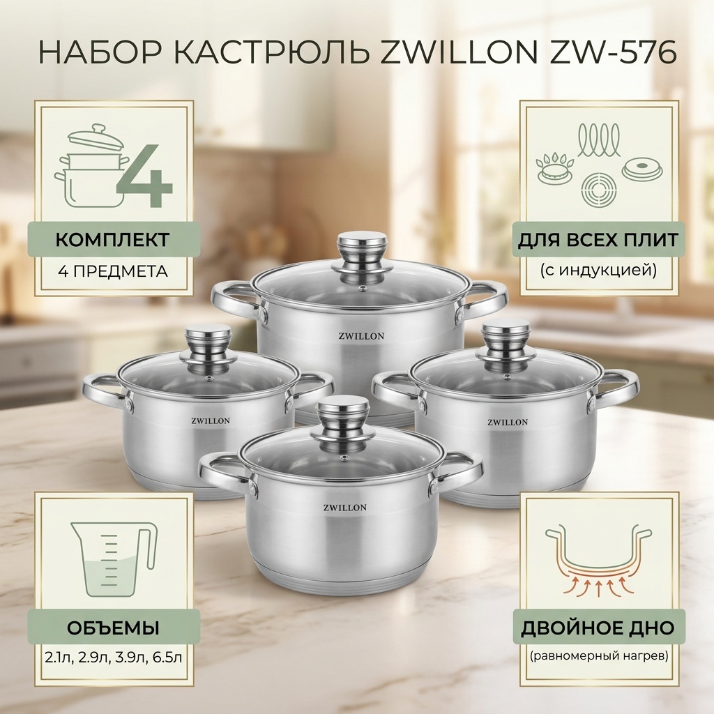Набор кастрюль ZWILLON ZW-576 4 в 1