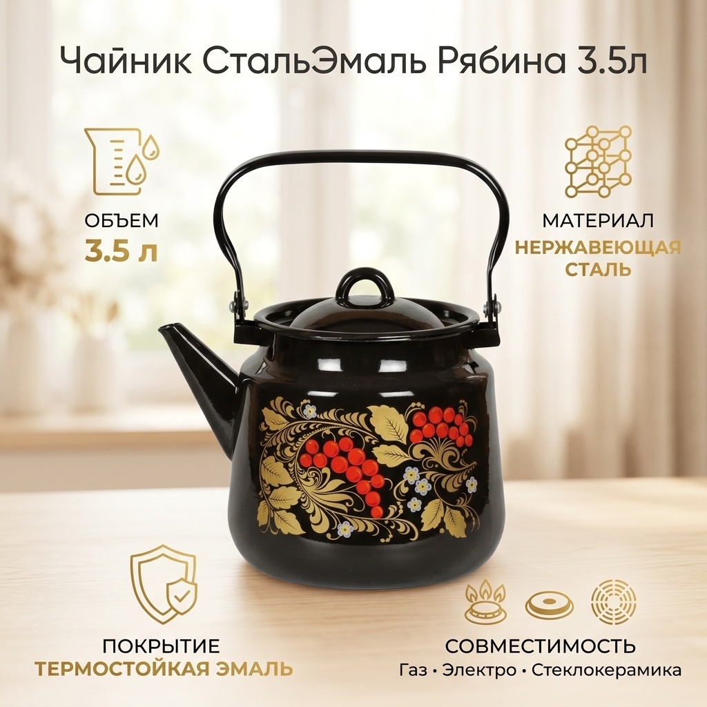 СтальЭмаль чайник Рябина 63701971 3.5 л, нержавеющая сталь