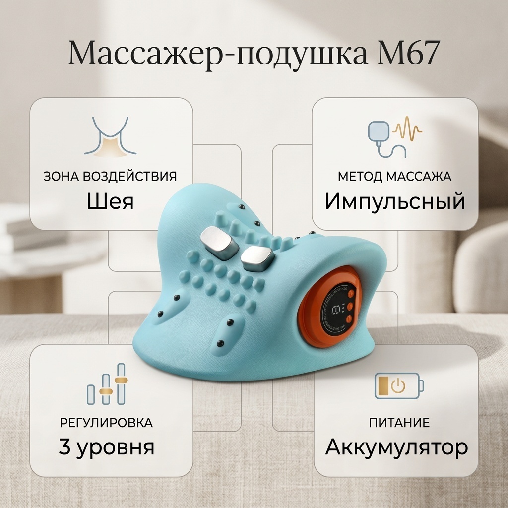 Массажер M67 подушка акупунктурный, разминающий, разогревающий, пульсирующий, электродами