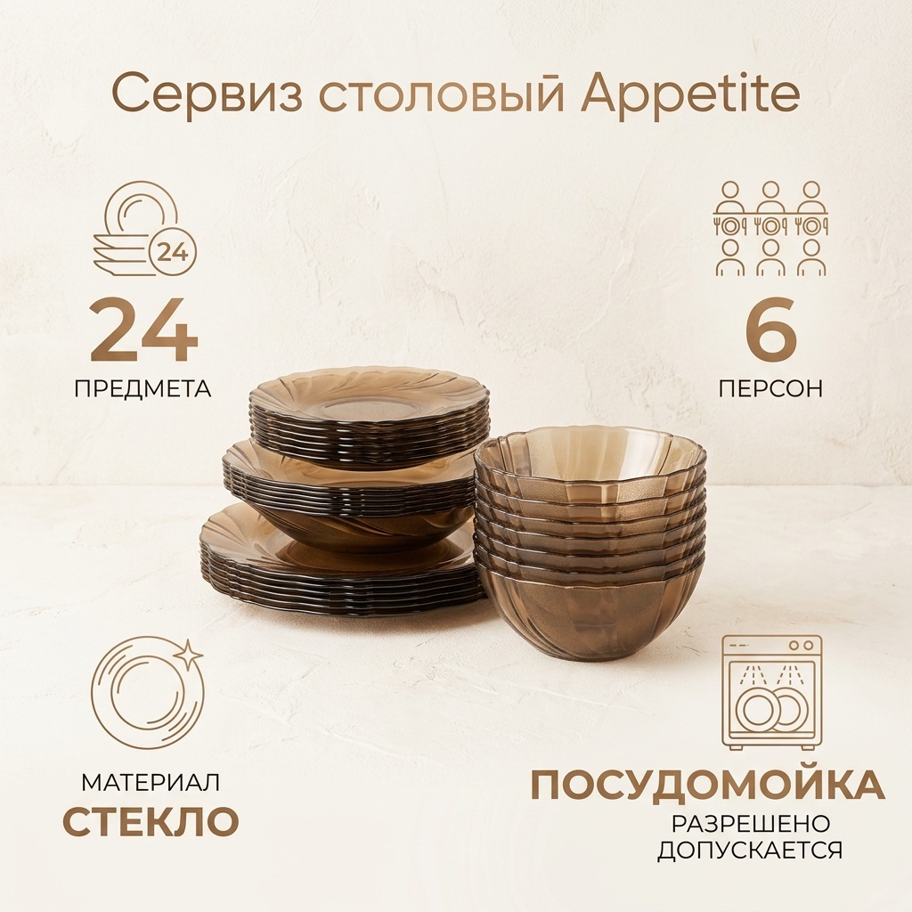 Сервиз на 6 персон 30390896_138929339, предметов: 24, столовый, стекло