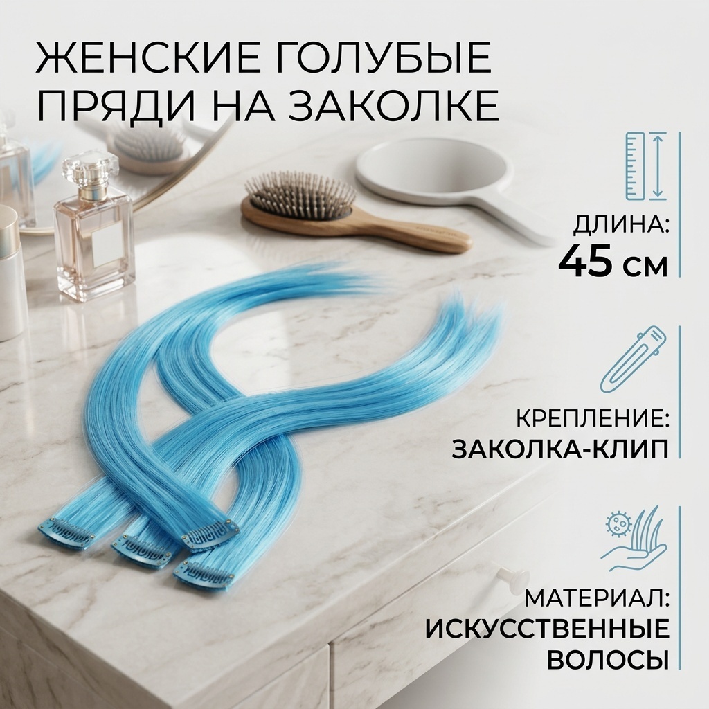 Пряди на заколке голубой женский
