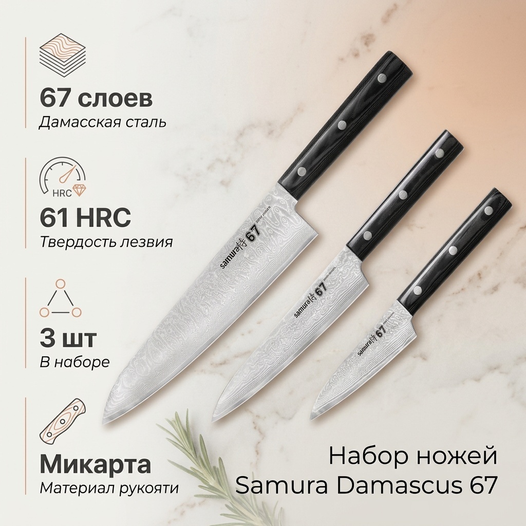 Набор ножей Samura SD67-0220M, лезвие: дамасская сталь 3 шт