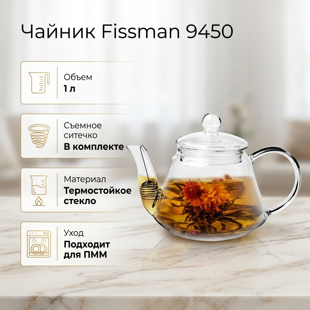 Чайник Fissman 9450 1 л, стекло