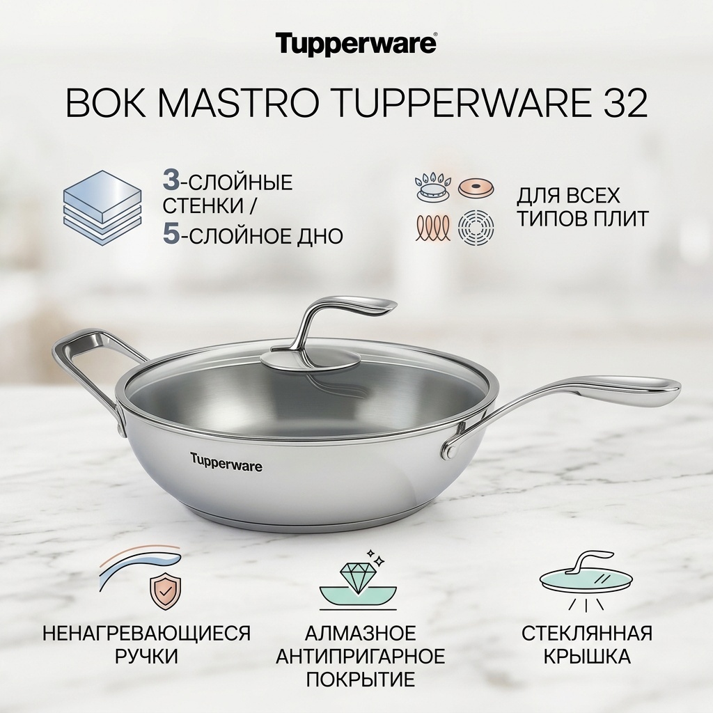 Вок Tupperware Mastro 32 см с антипригарным покрытием, нержавеющая сталь