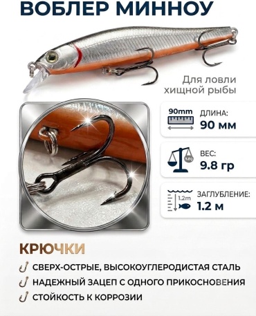 Минноу 30366968_821965465 1 шт 90 мм Серебристый с оранжевым брюшком