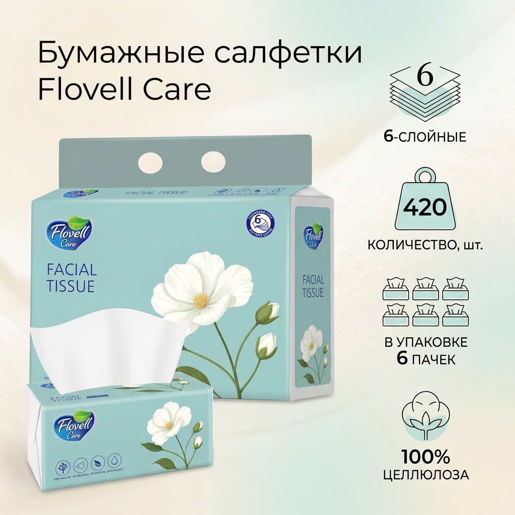 Бумажные салфетки Flovell Care 6 слойная, в упаковке 420 шт, в одной пачке 70шт 70 шт