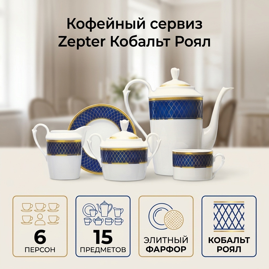 Сервиз на 6 персон Zepter Кобальт Роял, предметов: 15, кофейный, фарфор