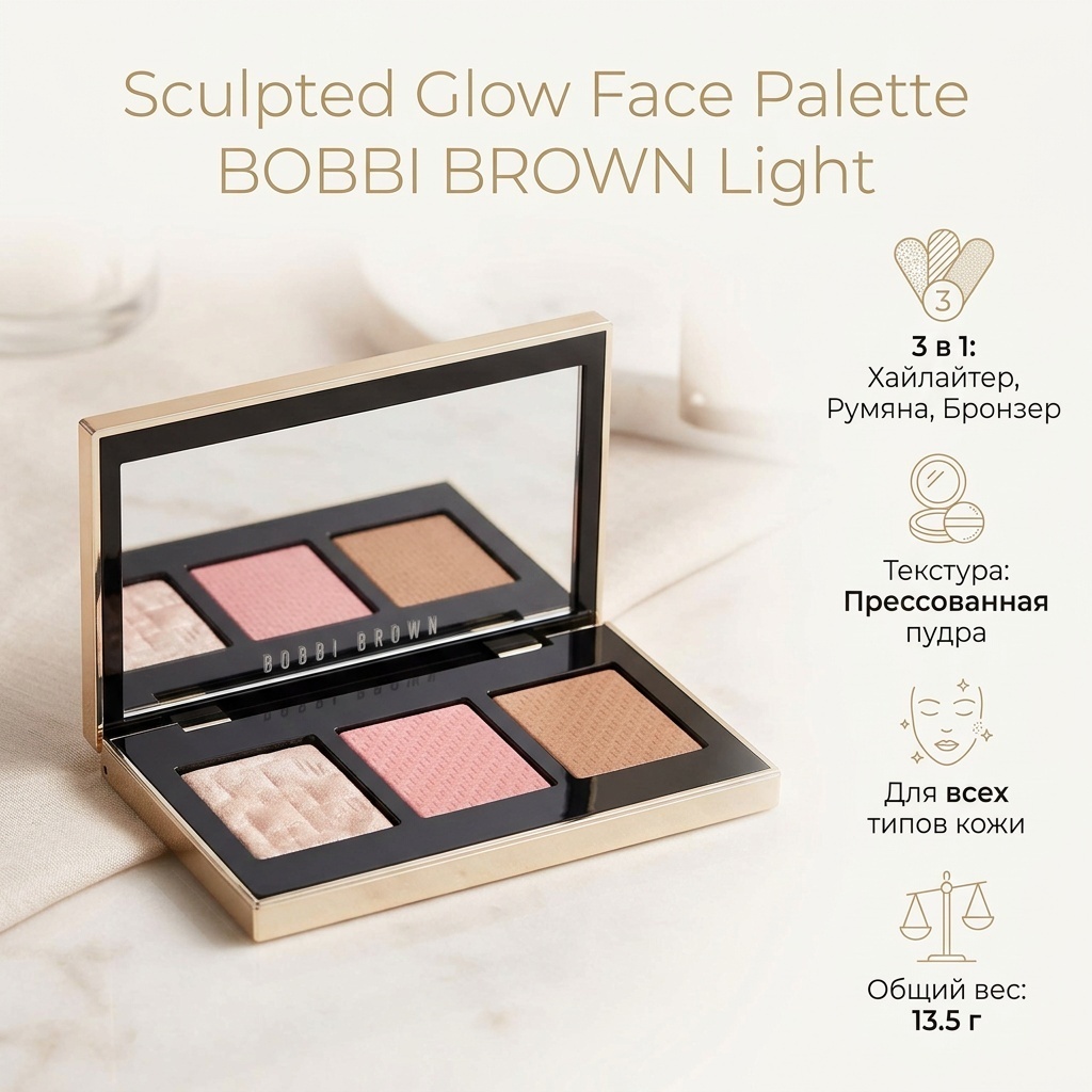 BOBBI BROWN Sculpted Glow Face Palette румяна, бронзер, хайлайтер Light