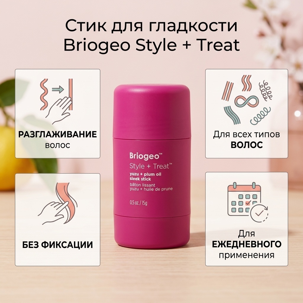 Briogeo Style + Treat, стик для придания гладкости с юдзу и сливовым маслом, 15 г стик без фиксации фиксация 15 мл