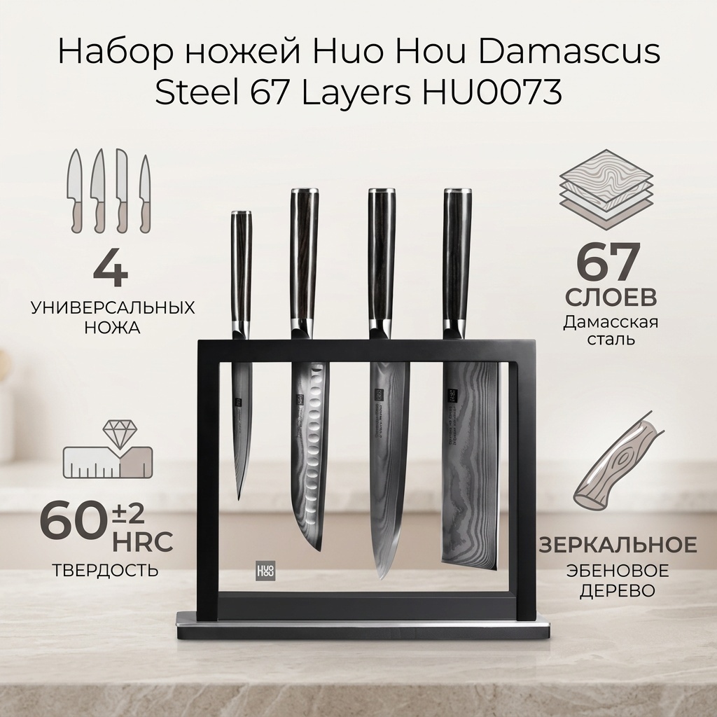 Набор ножей Huo Hou Huo Hou Damascus Steel 67 Layers HU0073, лезвие: дамасская сталь 4 шт