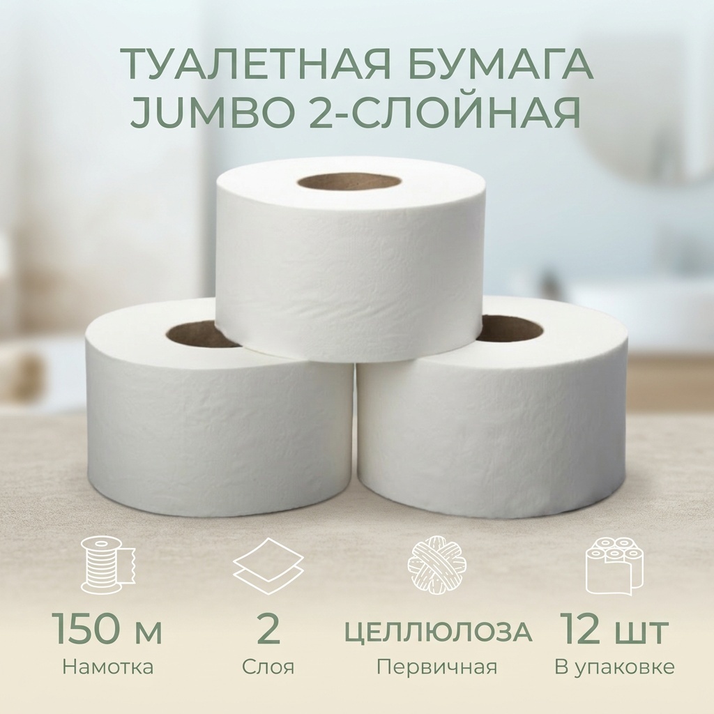 JUMBO туалетная бумага 2-слойный 12 шт, первичная целлюлоза