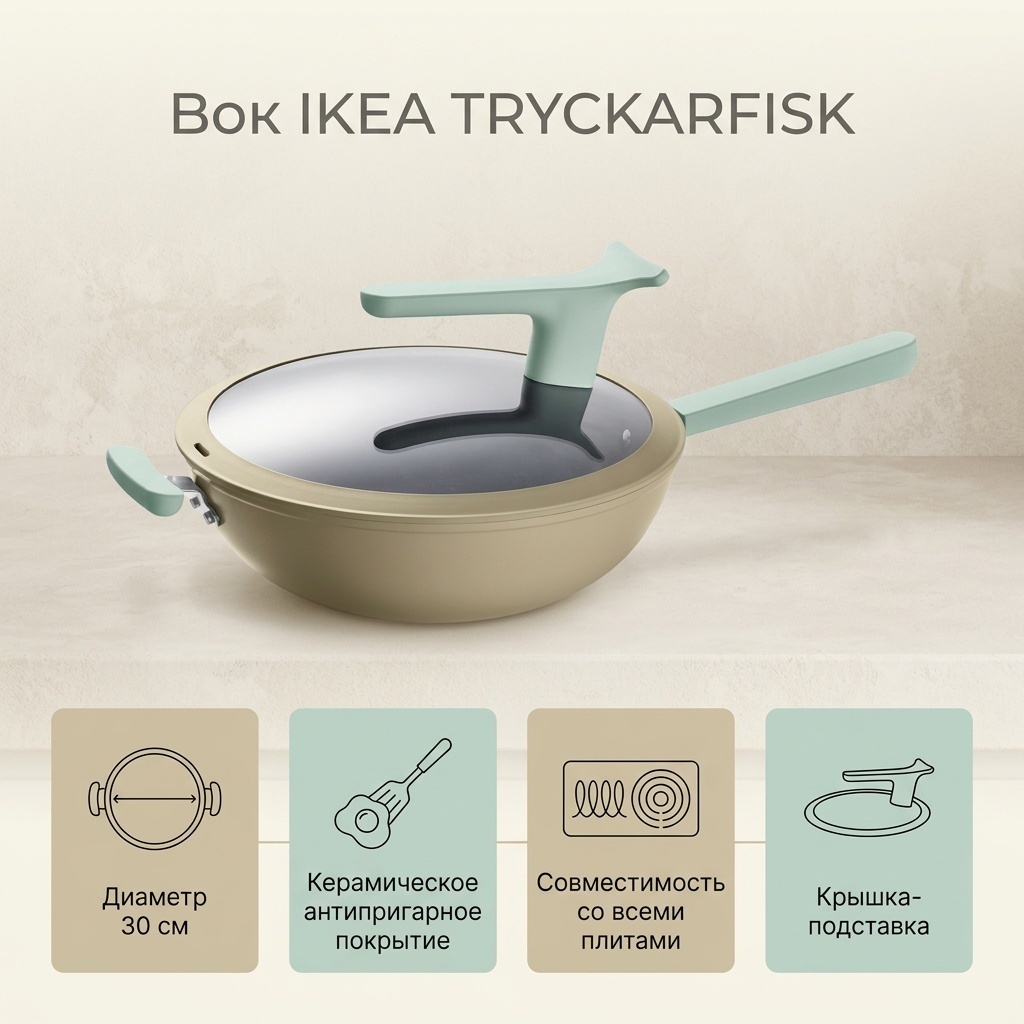 Вок IKEA 30 см с антипригарным покрытием, алюминий