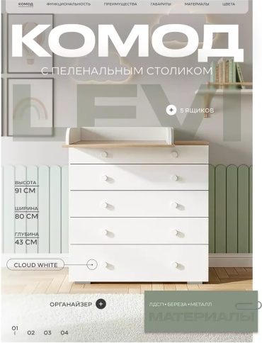 Детский пеленальный комод Rant  LEVI 128, 80x43x91 см, белый