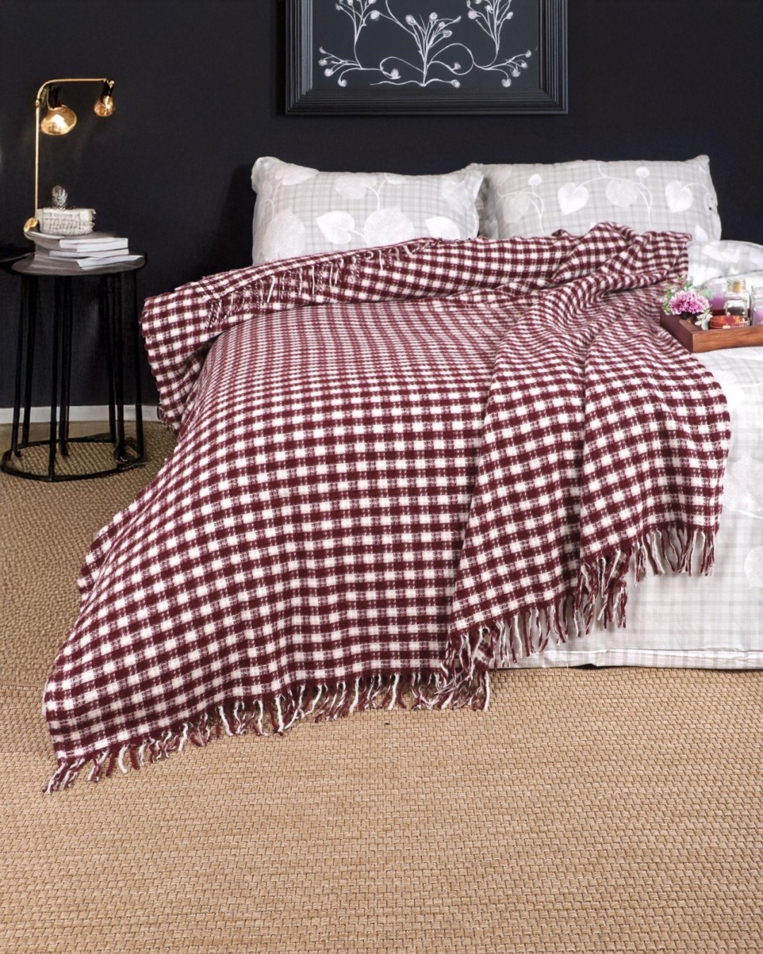 Плед LUX HOME 180х220 см, хлопок, акрил, полиэстер, белый, бордовый