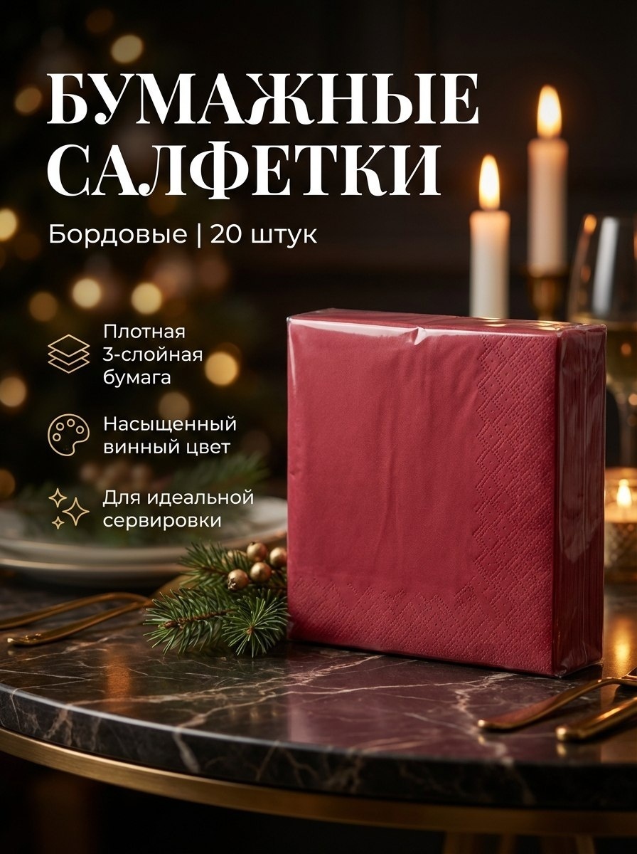 Бумажные салфетки 9192 бордовые 20 шт