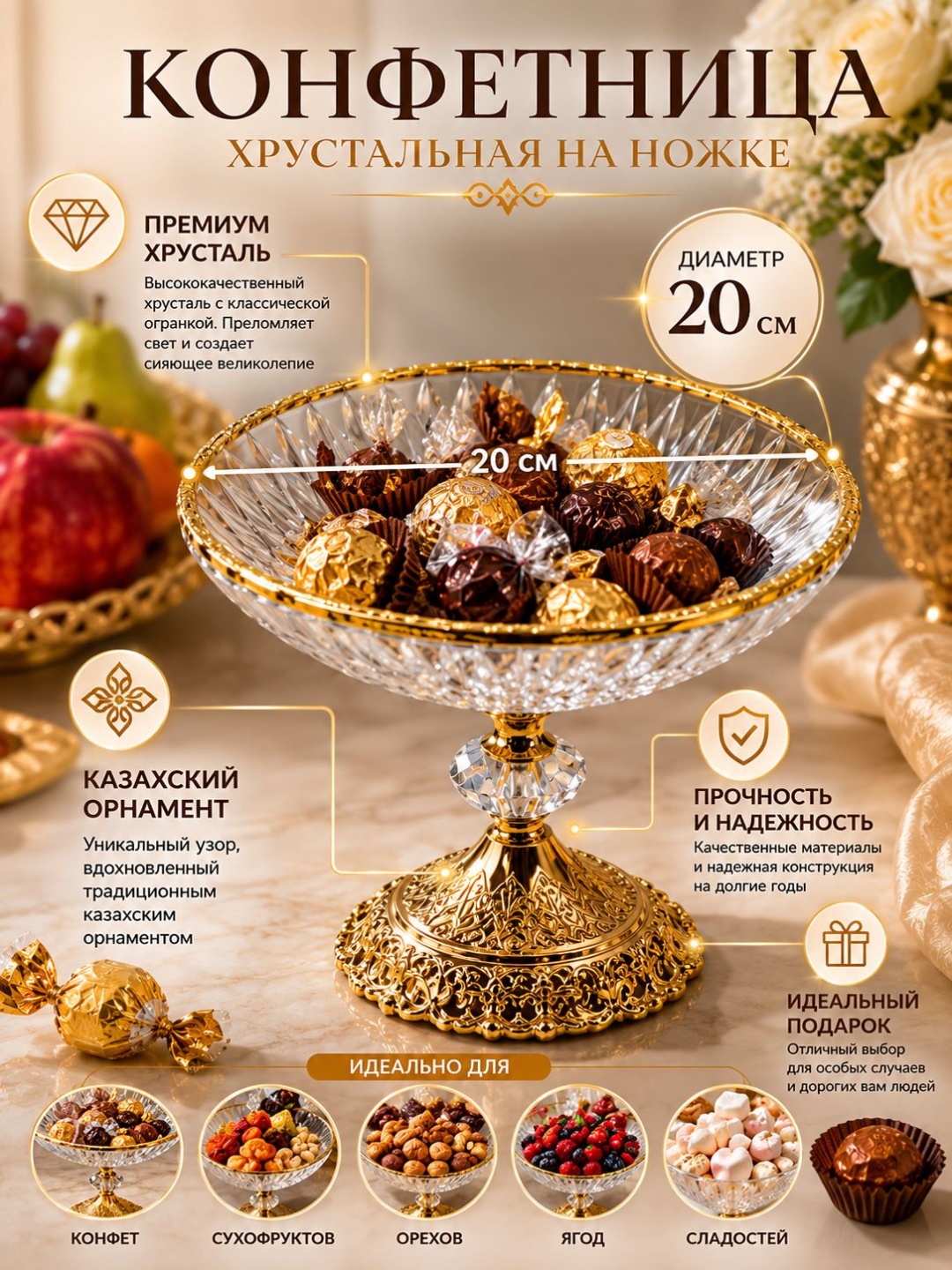 Конфетница 30439707_Конфетница хрустальная на ножке с казахским орнаментом 20 см круглая 1 шт