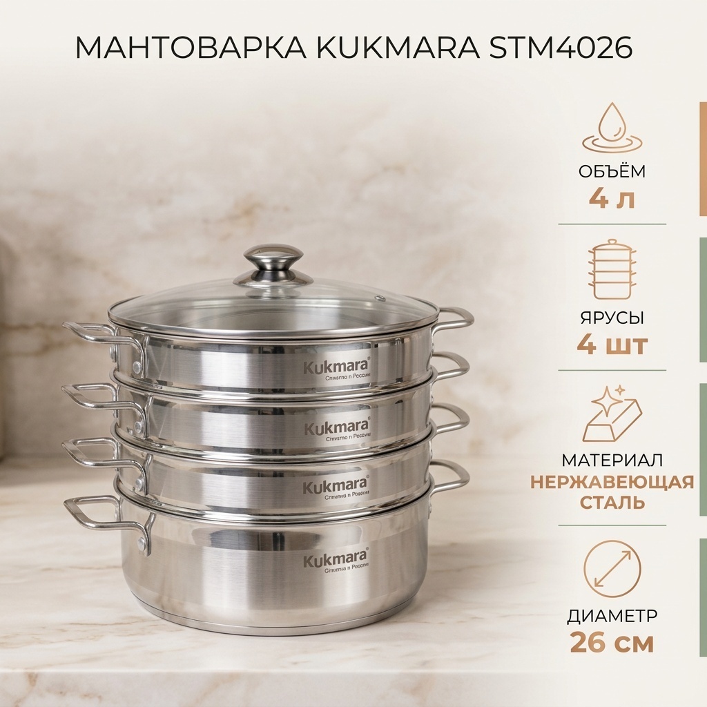Мантоварка 4 л, Kukmara нержавеющая сталь, количество ярусов: 4