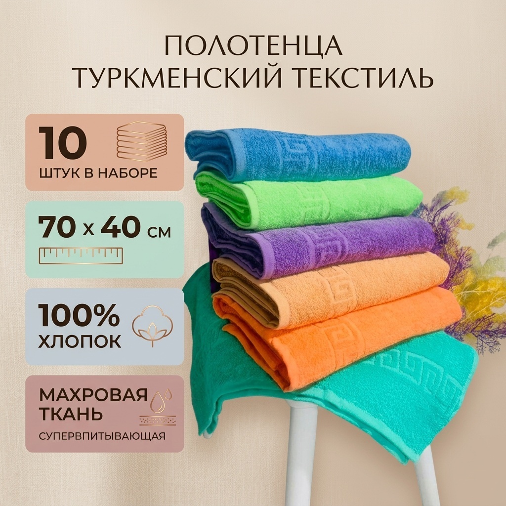 Полотенце Туркменский текстиль 70x40 см, махровая ткань, 10 шт,