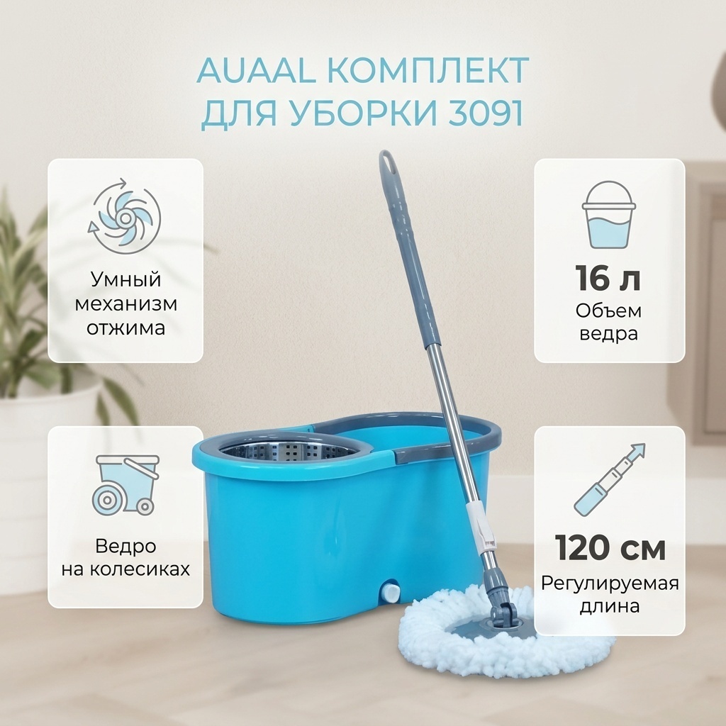 Комплект для уборки универсальная, для пола AUAAL, материал насадки: микрофибра, голубой