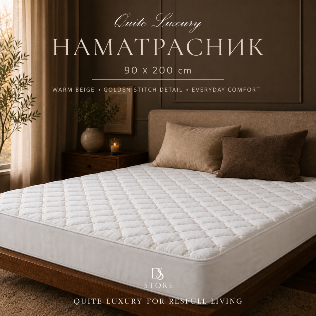 DS наматрасник на резинке Moontix Quiet белый стеганый 90x200, полиэстер, поликоттон, полисатин