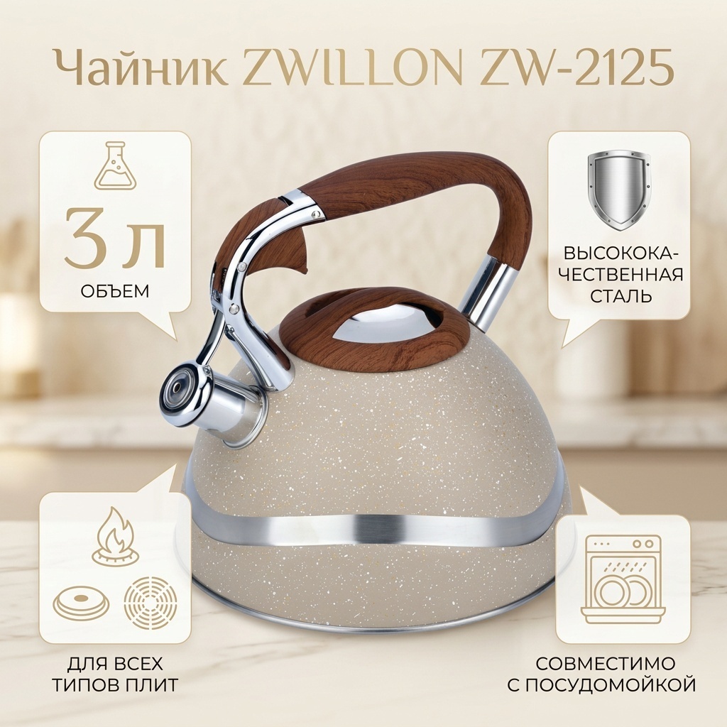 ZWILLON чайник ZW-2125 3 л, нержавеющая сталь