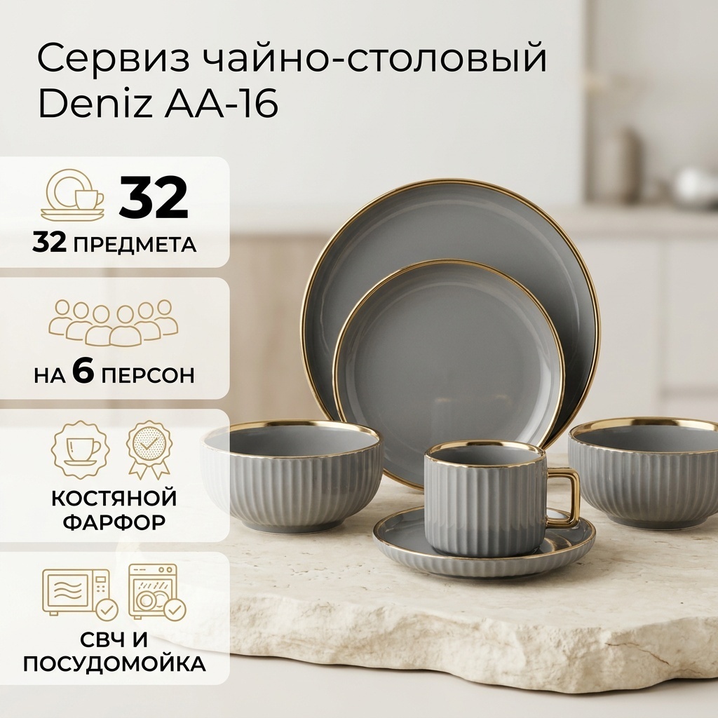 Сервиз на 6 персон Deniz , предметов: 32, чайно-столовый, керамика, костяной фарфор