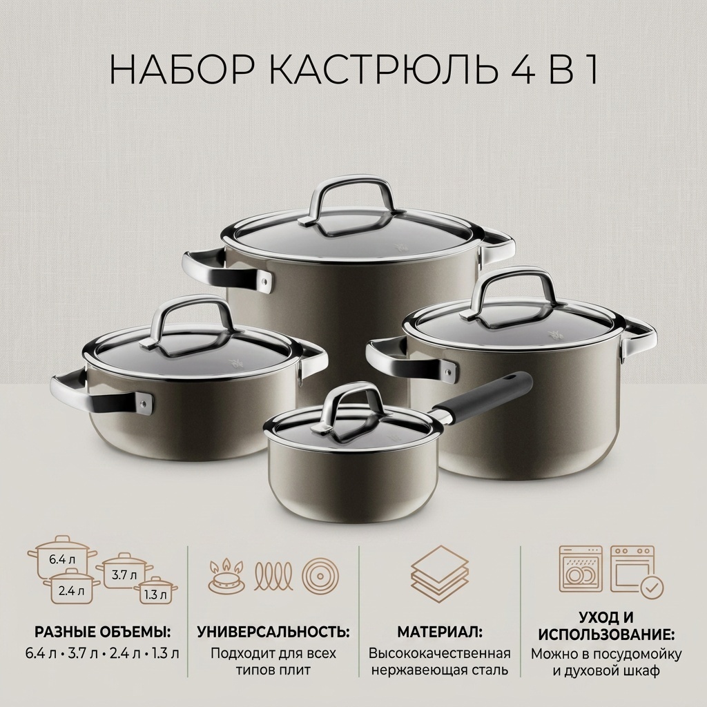 Набор кастрюль 4 в 1