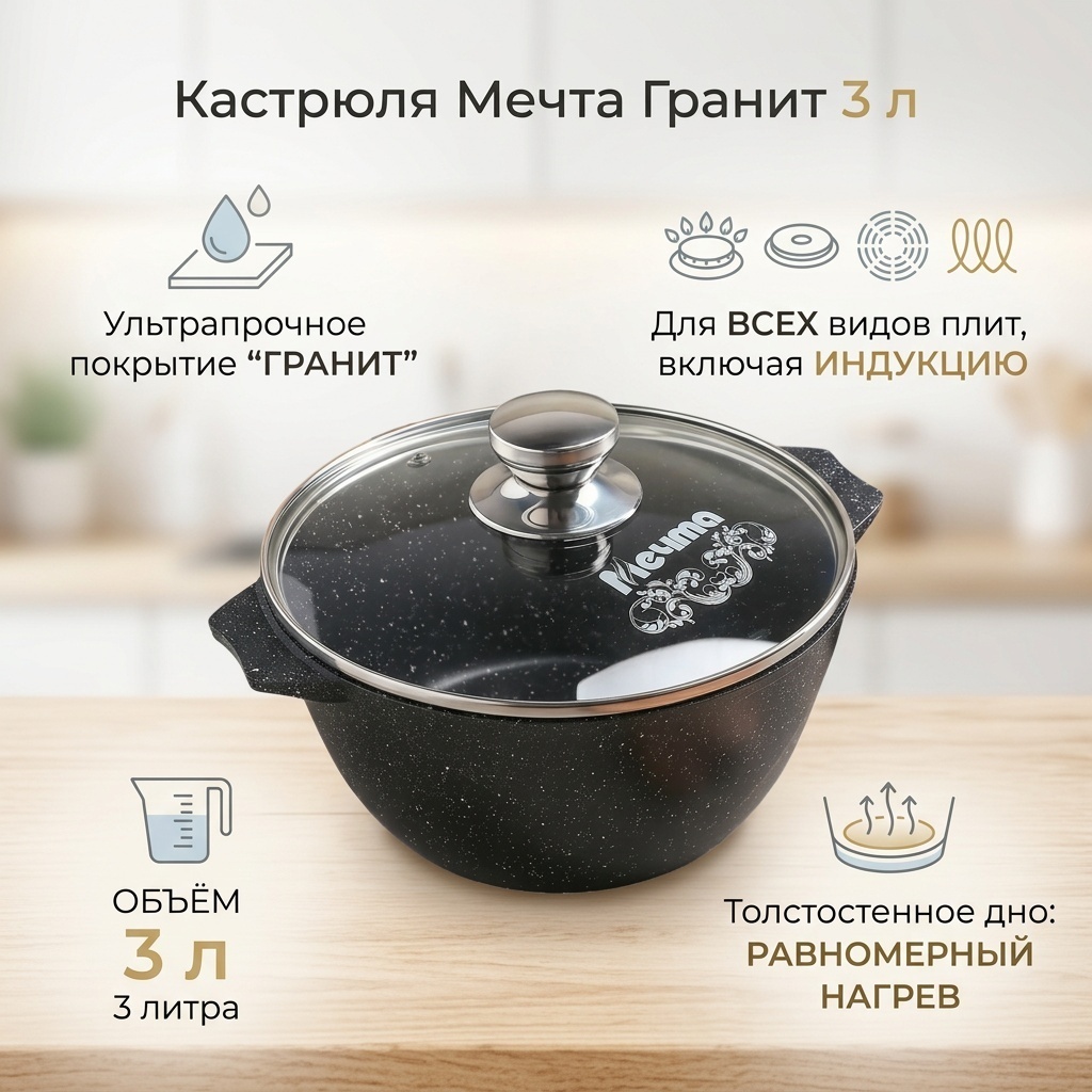 Кастрюля 3 л, Мечта Гранит Black 4940502 сталь