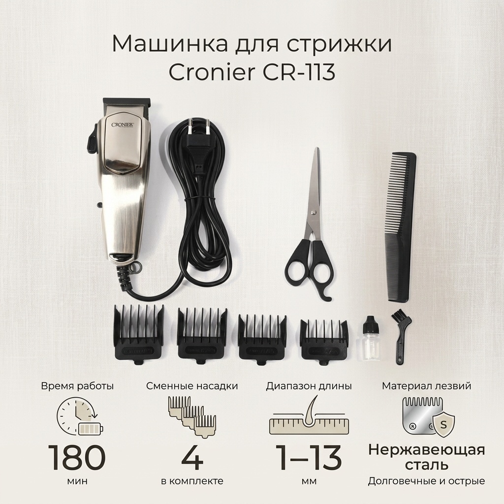 Cronier машинка для стрижки CR-113 серебряный