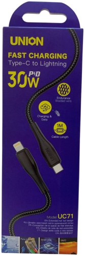 Кабель Union USB TypeC (M), Lightning (M), 1 м, черный