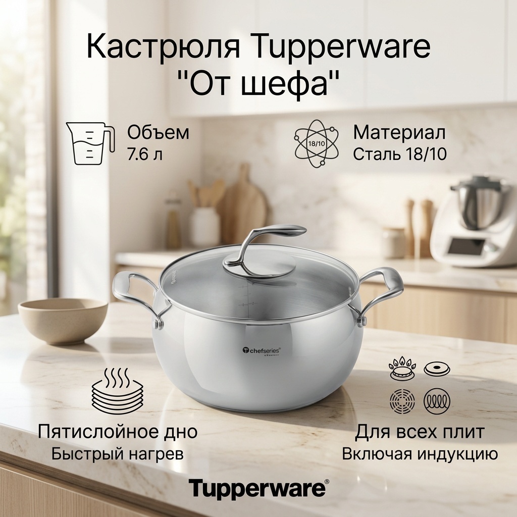 Кастрюля 7.6 л, Tupperware "От шефа" нержавеющая сталь