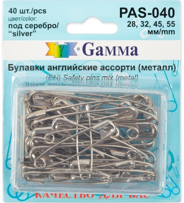 Булавки английские серебро ассорти 40 шт PAS-040