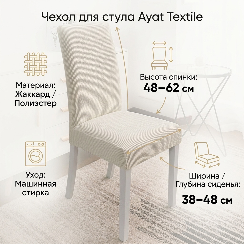 Ayat Textile чехол для стула 1271287 белый ширина стула 38-48 см, длина спинки 48-62 см, длина сиденья 38-48 см