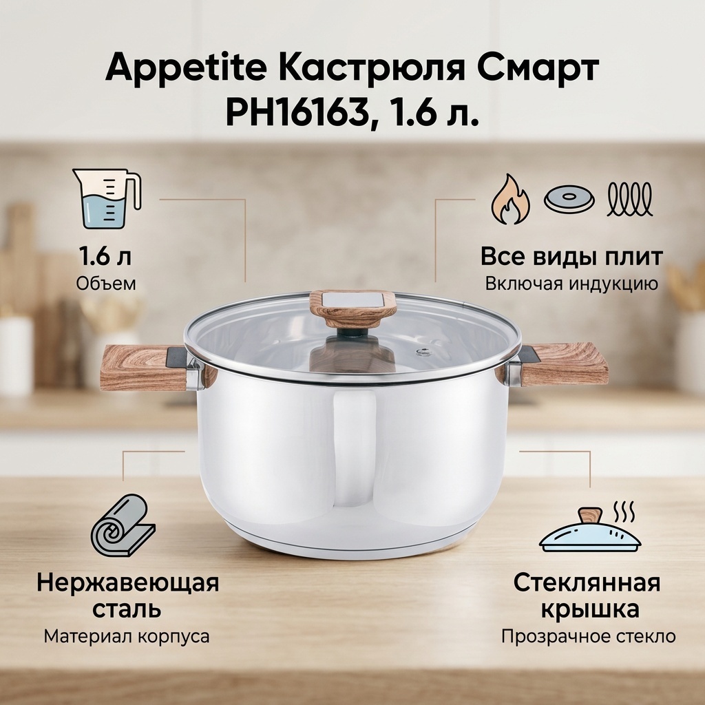 Кастрюля 1.6 л, Appetite PH16163 нержавеющая сталь