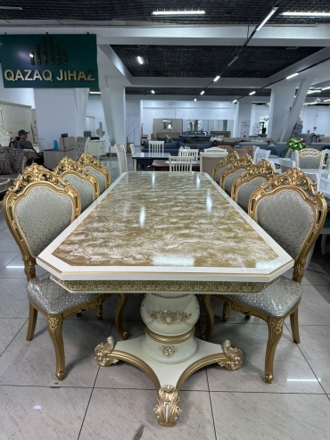 Комплект Голд Шейх, стол 350х105 см + 10 стульев, бежевый, золотой