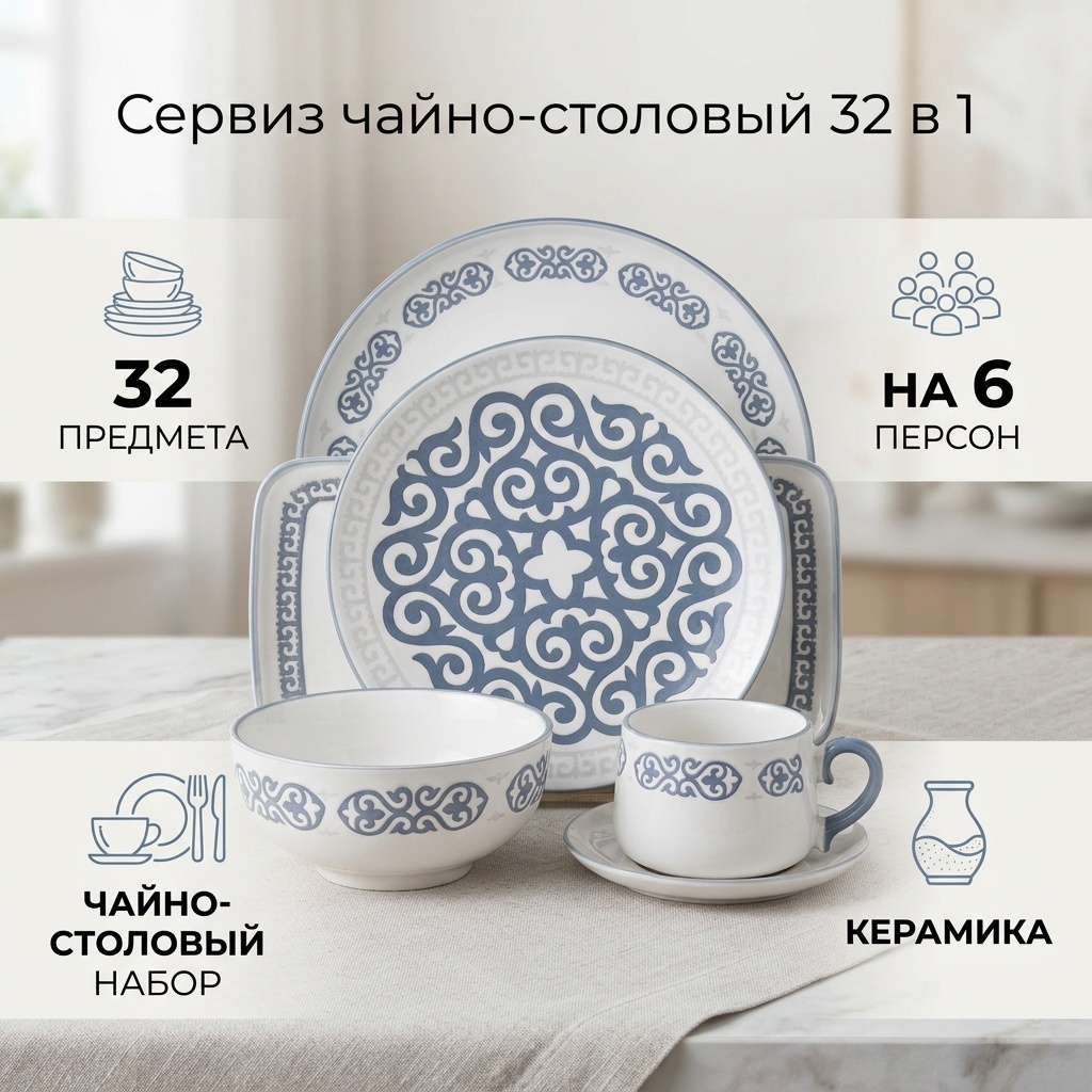 Сервиз на 6 персон орнамент, предметов: 32, чайно-столовый, керамика