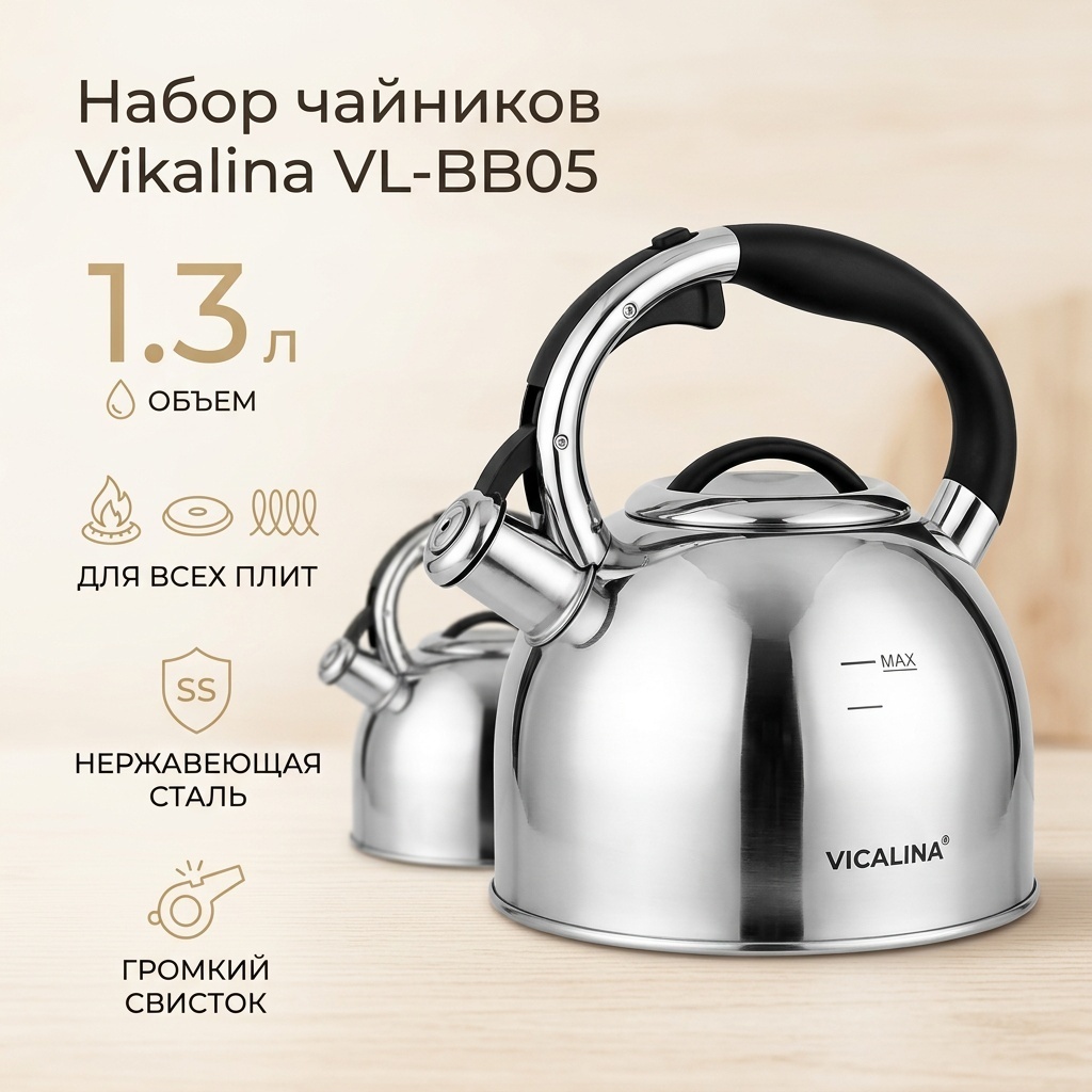 Набор чайников Vikalina 1.3 л, нержавеющая сталь