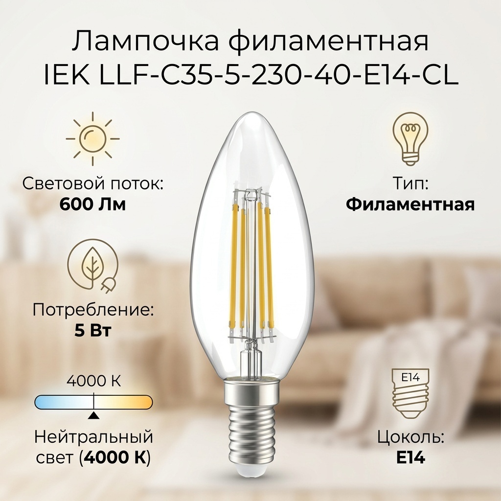 IEK 5W Е14, филаментная, нейтральный белый