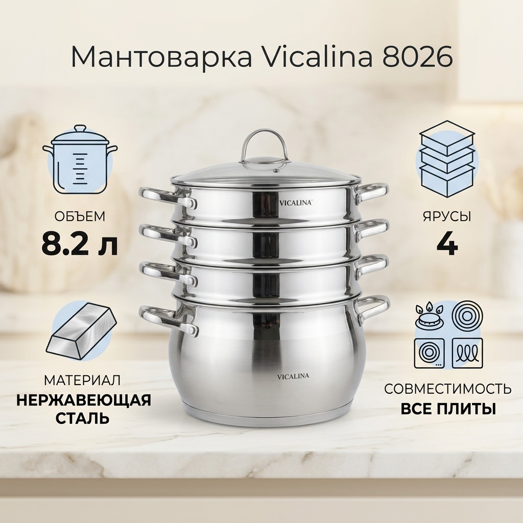 Мантоварка 8.2 л, Vicalina сталь, количество ярусов: 4