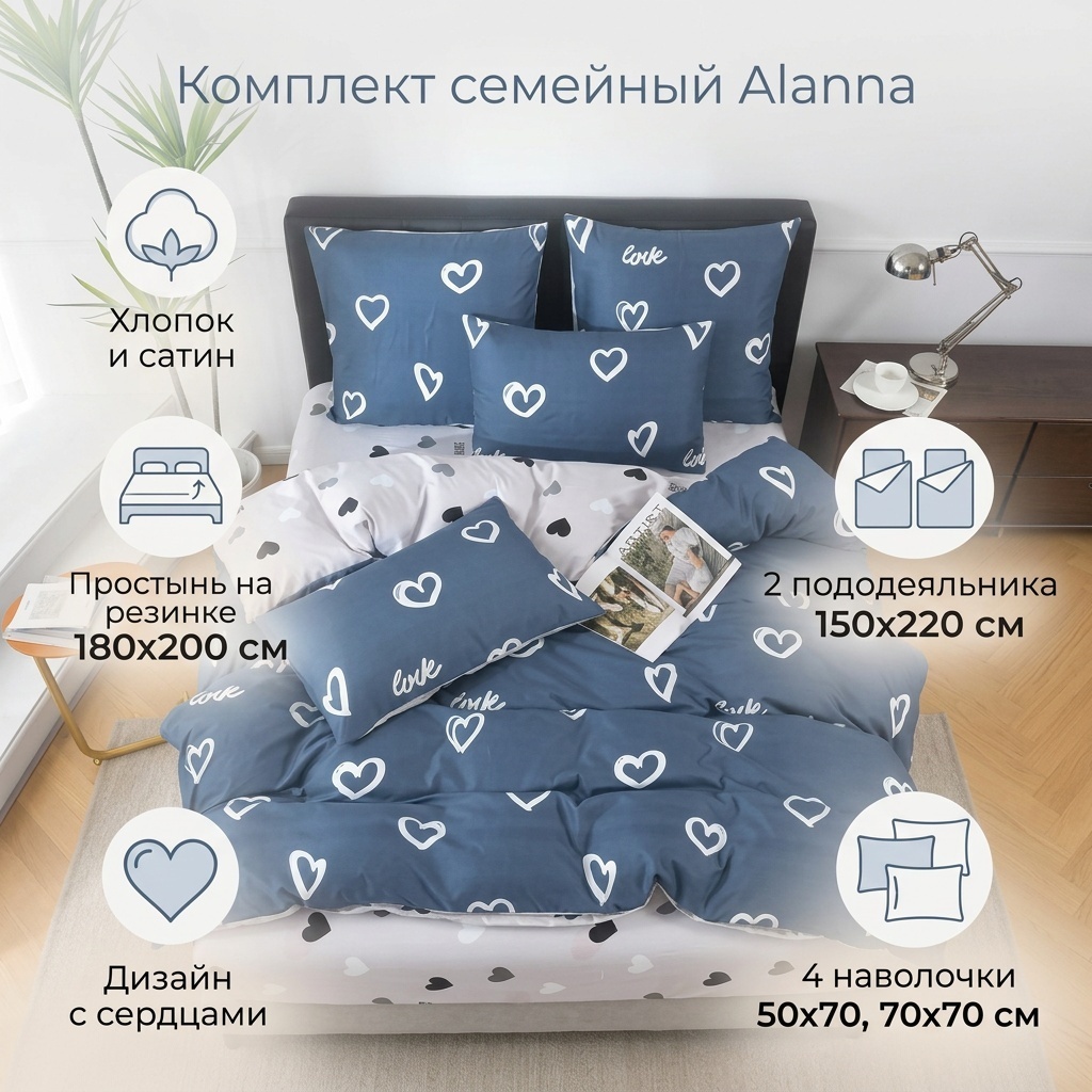 Комплект Alanna Love семейный хлопок, сатин, 4 наволочки: 50x70 см, 70x70 см