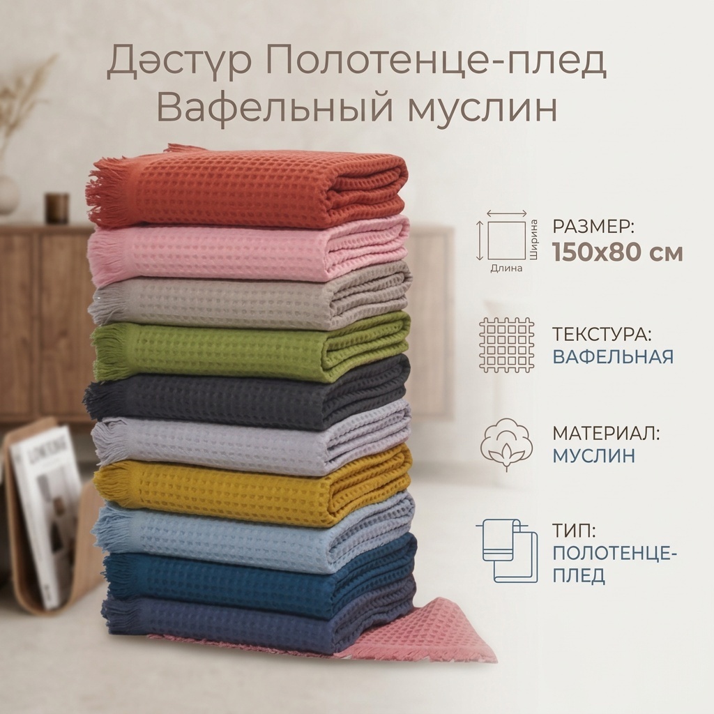Полотенце-плед Дәстүр 150x80 см, муслин, 1 шт,