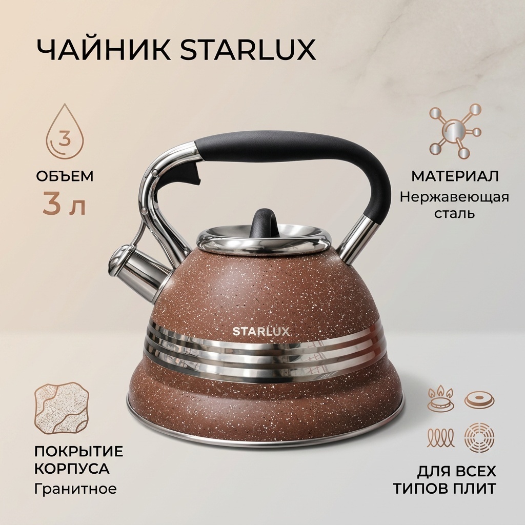 Starlux чайник 1234532 3 л, нержавеющая сталь