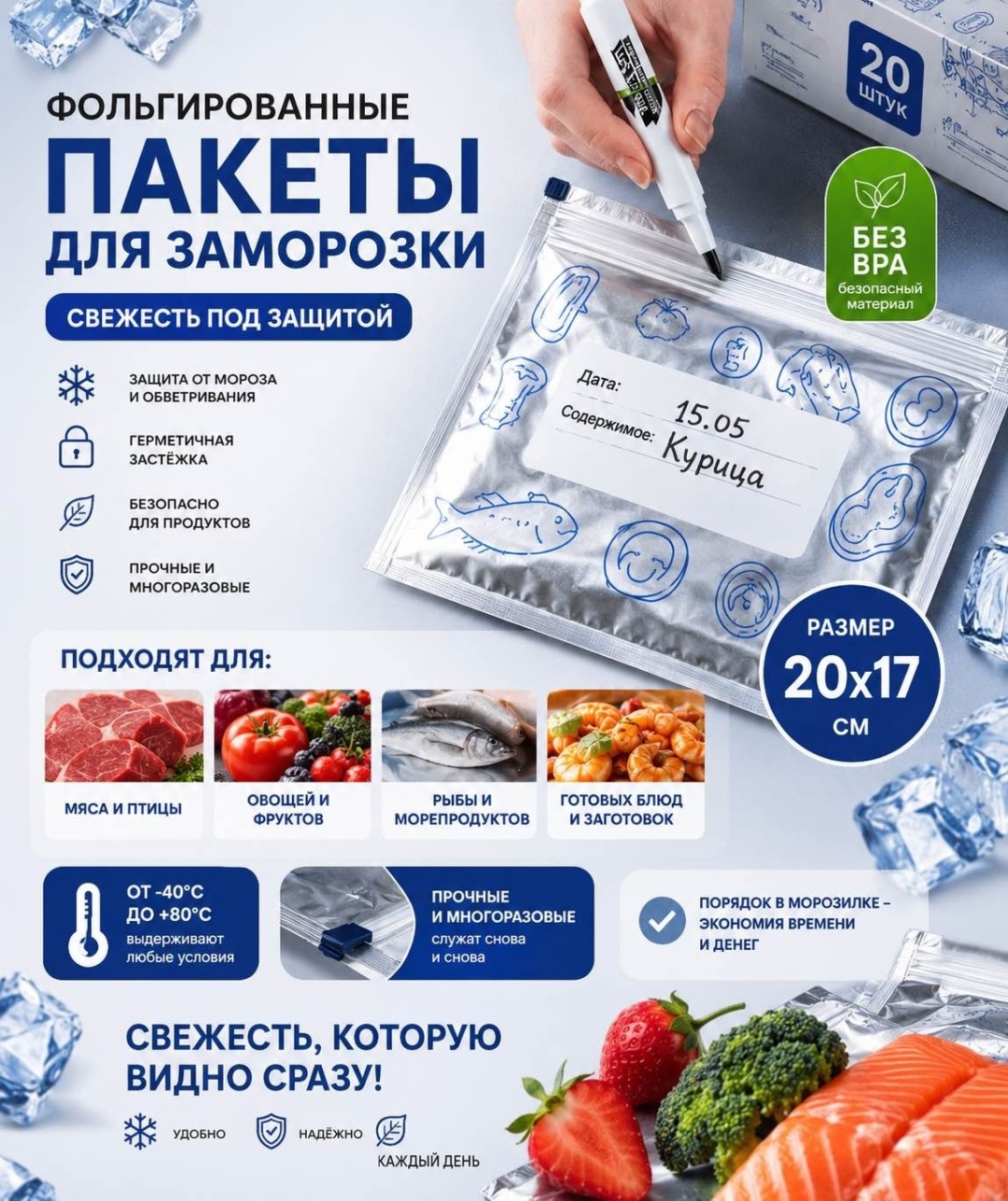 Мешочек 273822233 для замораживания, для фруктов и овощей, для хранения продуктов