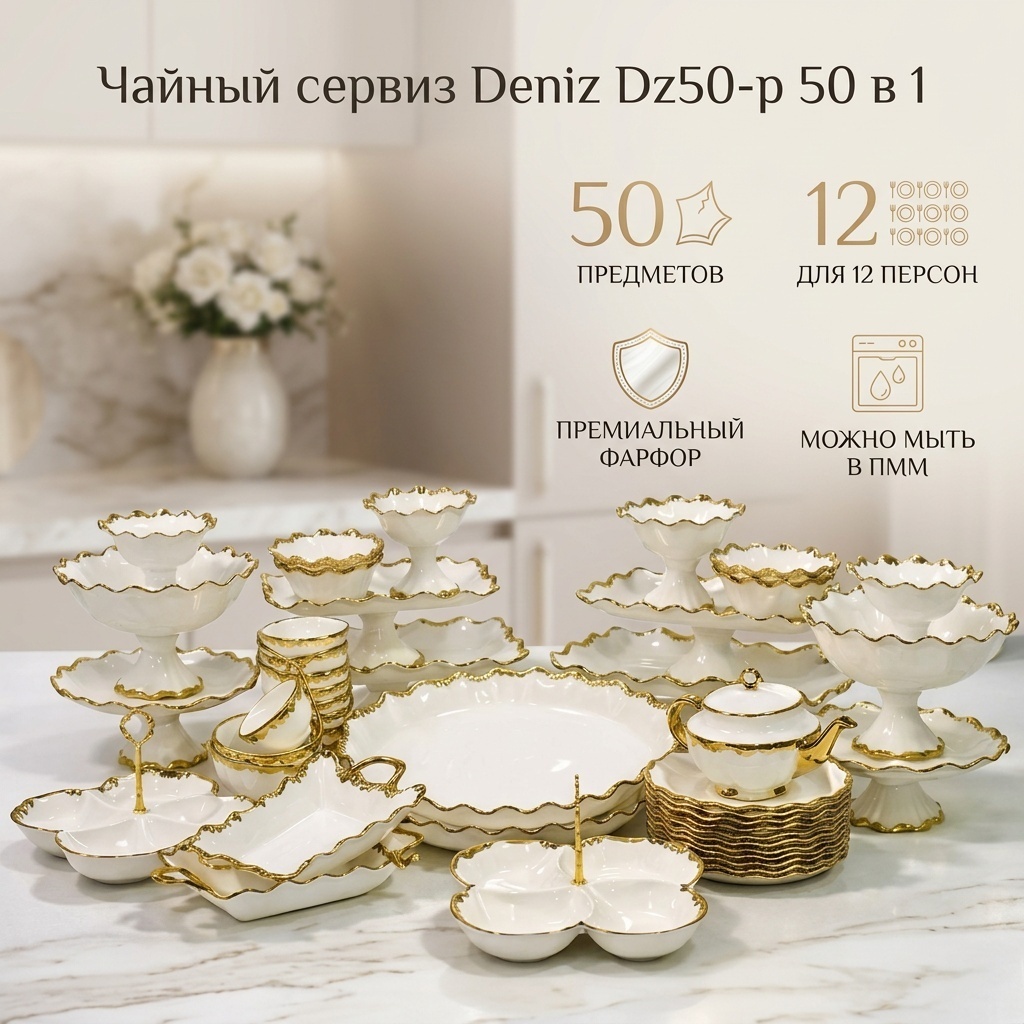 Сервиз на 12 персон Deniz Gold, предметов: 50, набор для чайной церемонии, фарфор