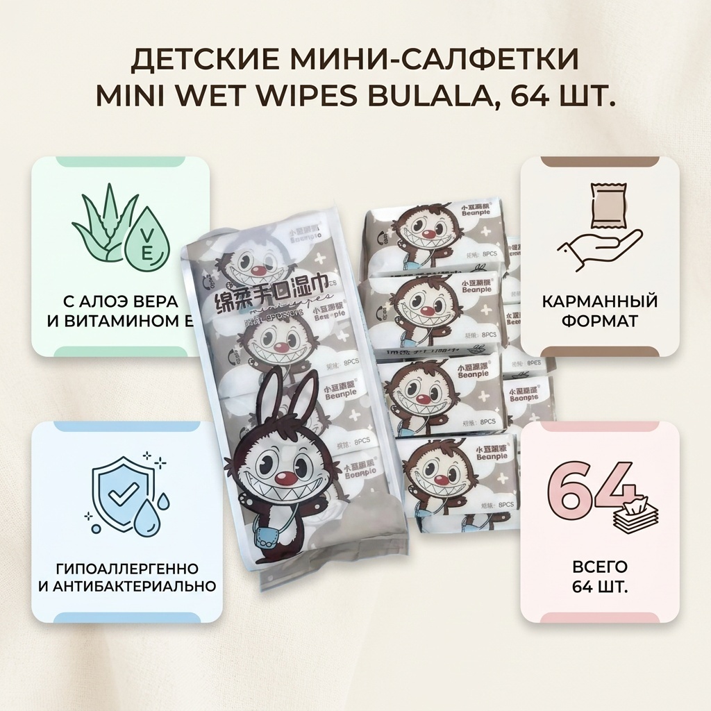 Детские влажные салфетки Mini Wet Wipes Bulala 64 шт