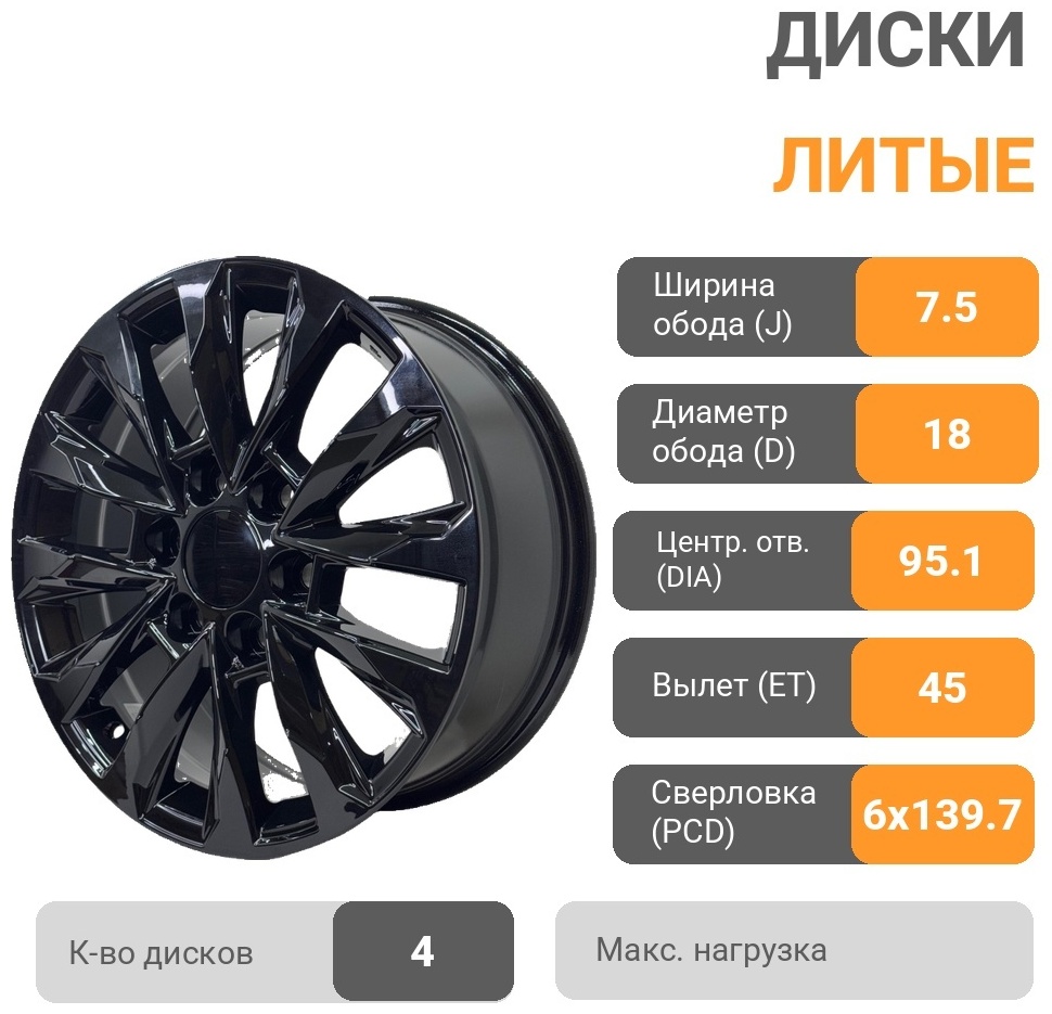 Yixing 0185WW 7.5x18/6x139.7 D95.1 ET45 4 диска черный