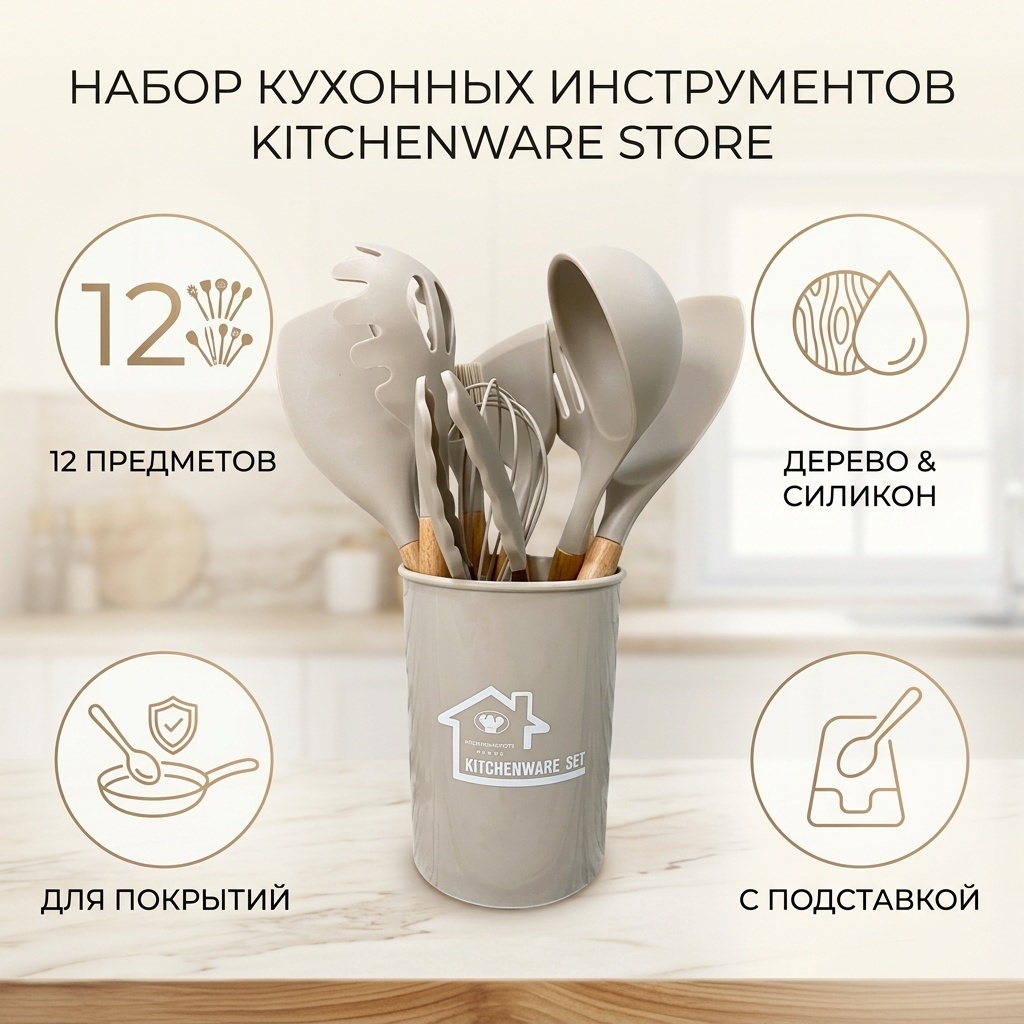Набор кухонных инструментов KITCHENWARE STORE дерево, силикон, 12 шт