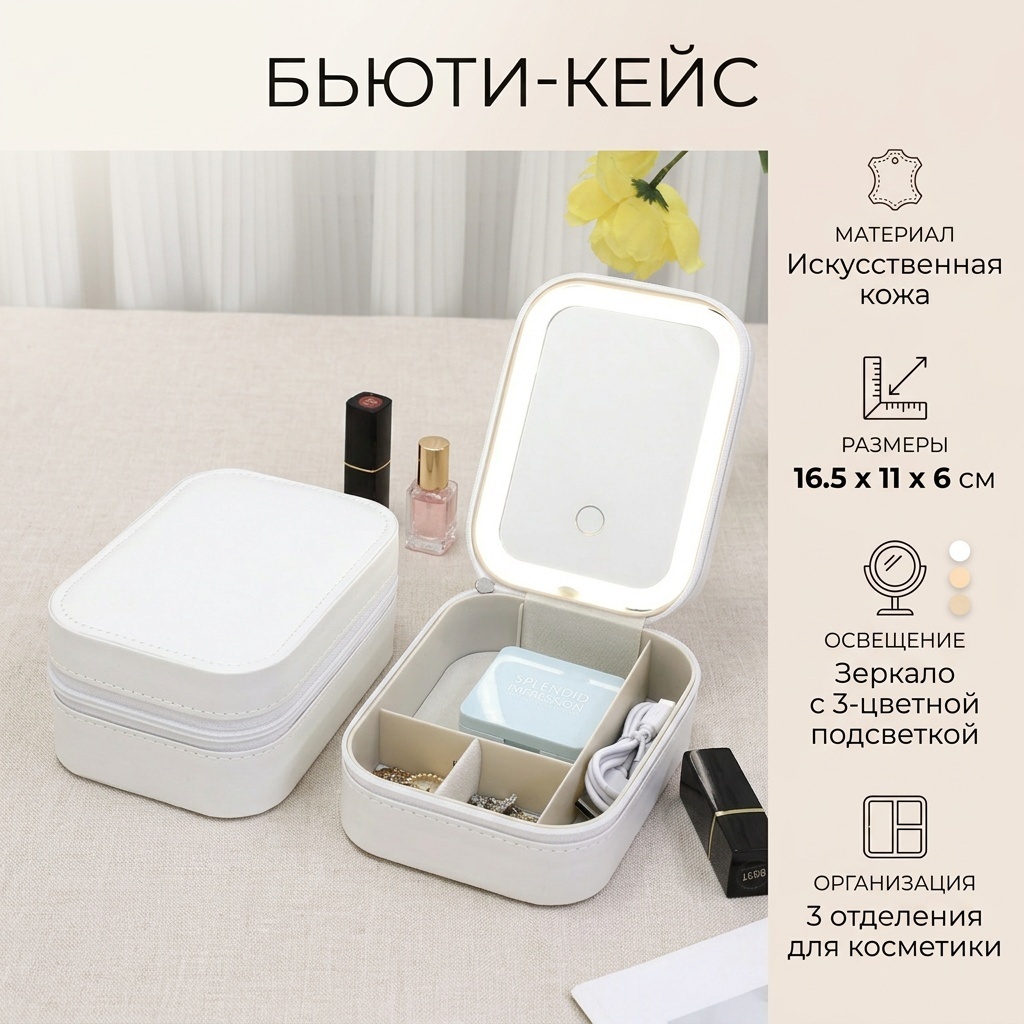 Бьюти-кейс искусственная кожа белый 16.5X11 см