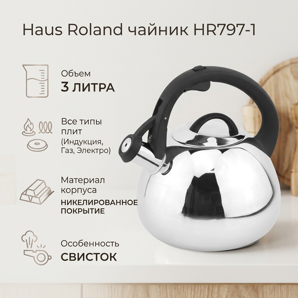 Haus Roland чайник HR797-1 3 л, никель