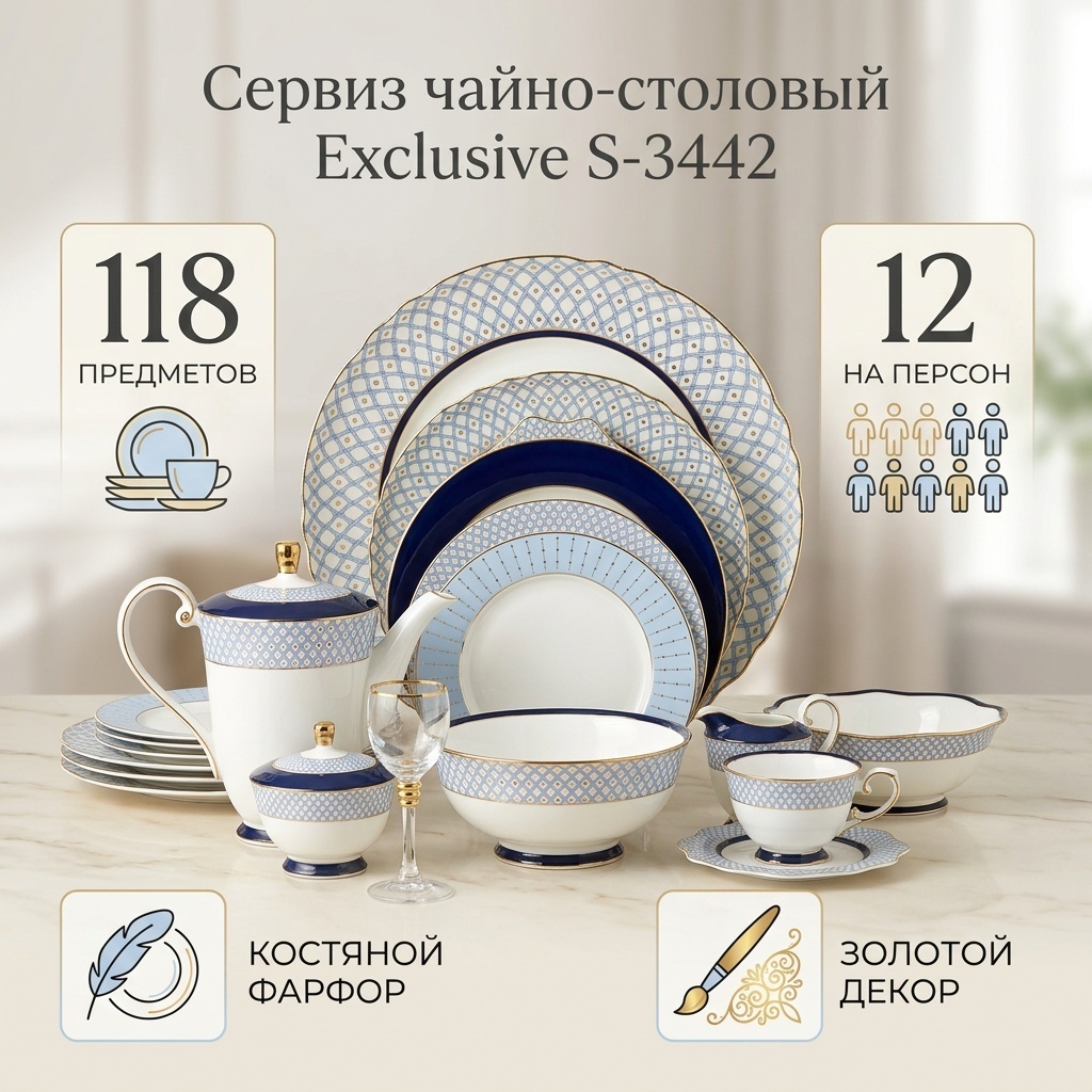 Сервиз на 12 персон Exclusive , предметов: 118, чайно-столовый, костяной фарфор